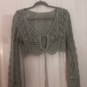 Cropped Lace Knit Sweater - Green